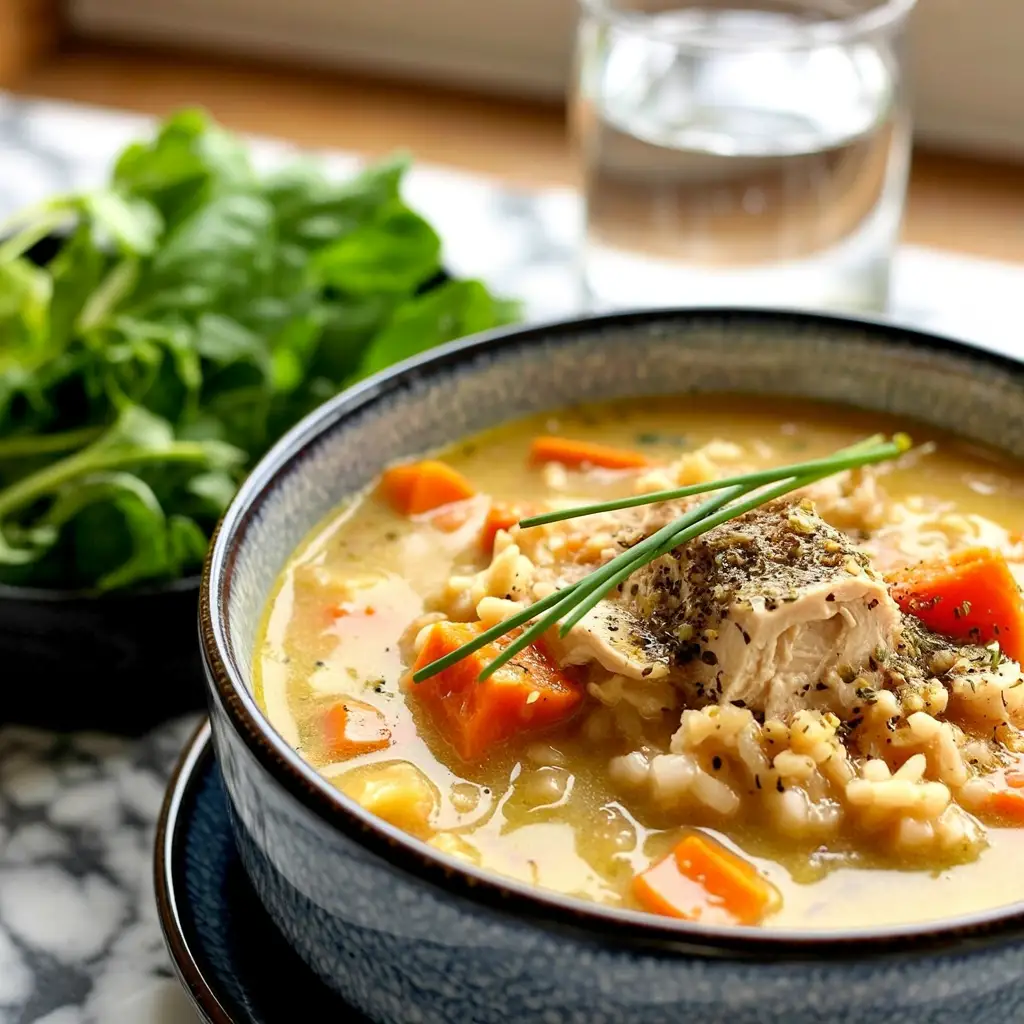 About Me 2 A bowl of homemade chicken soup with carrots, rice, and herbs, served in a ceramic dish